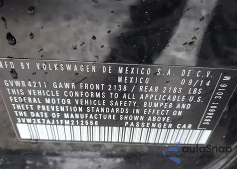 2015 Volkswagen Jetta 2.0L S из США, поврежденный, VIN 3VW2K7AJ1FM212556